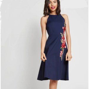 Navy Blue Halter Dress with Red Floral Applique